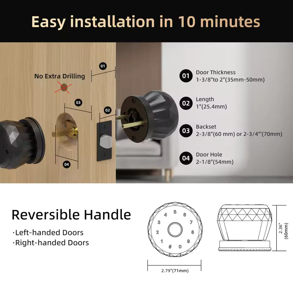 Diamond Design Fingerprint Door Knob – Digital Keypad & Type-C Smart Lock