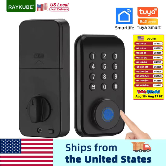 RAYKUBE DS02 Tuya Smart Fingerprint Deadbolt Electric Lock with Latch Auto Lock Key/Password/ Tuya APP Unlock Delivery From USA.