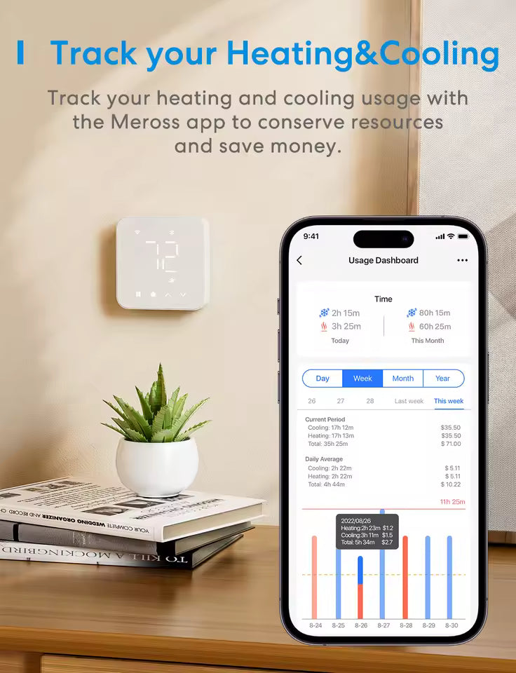 Meross Matter Smart US 24V Wi-Fi Thermostat MTS300 Compatible Heating and Cooling Systems Shipping from US