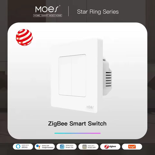 MOES Smart Light Switch Tuya ZigBee Star Ring Series No Neutral Wire No Capacitor Needed Smart Life Works with Alexa Google Home